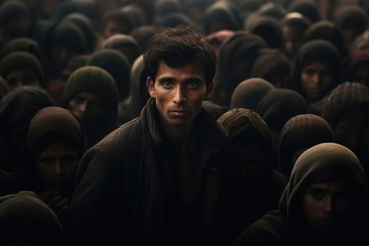 AI generated Crowd of refugees from Middle East. Sad depressed man of Eastern nationality in a crowd of migrant people, social problem concept photo