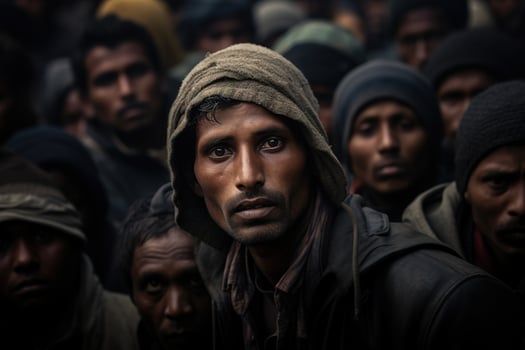 AI generated Crowd of poor Middle Eastern refugees, portrait of a homeless unemployed young male migrants looking at camera. Social problems, emigration concept photo
