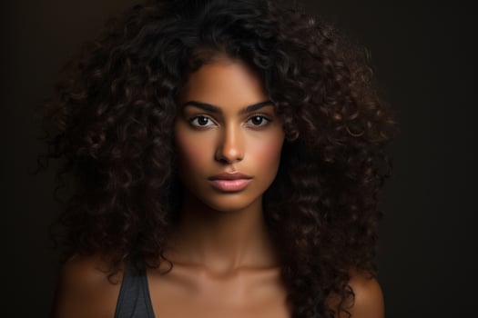 AI generated Front view female portrait, young pretty African American woman model with curly hairstyle looking at camera photo