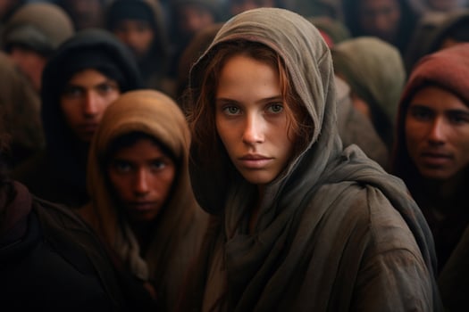 AI generated Emigration, refugees, world social problems concept. Portrait of a beautiful poor woman in a crowd of oppressed people photo
