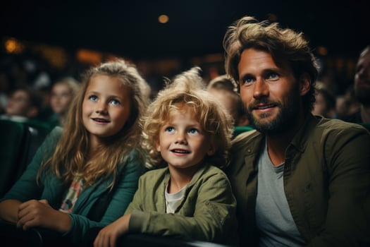AI generated Family at cinema, portrait of a passionate father, daughter and son watching a movie while sitting in cinema hall photo