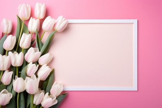 AI generated white tulips flowers with empty frame on pink background top view, beautiful floral template with copy space photo