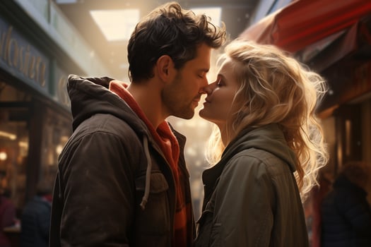 AI generated beautiful couple kissing on the street, romance, valentine's day photo