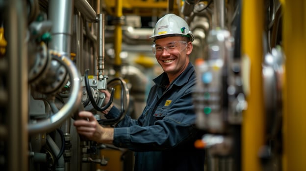 AI generated Engineer in safety helmet holding an electronic device to control machinery, smiling joyfully from passion for work photo