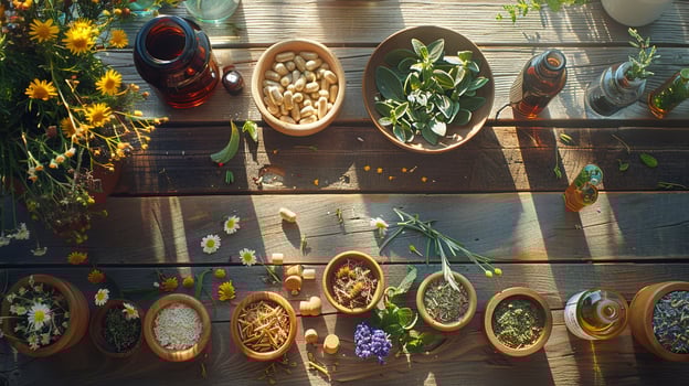 AI generated natural remedies on a wooden table, featuring essential oils and medicinal herbs for a plant-based approach to wellness. photo
