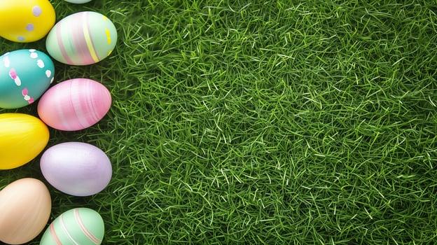 AI generated colored Easter eggs on green grass, Easter background photo