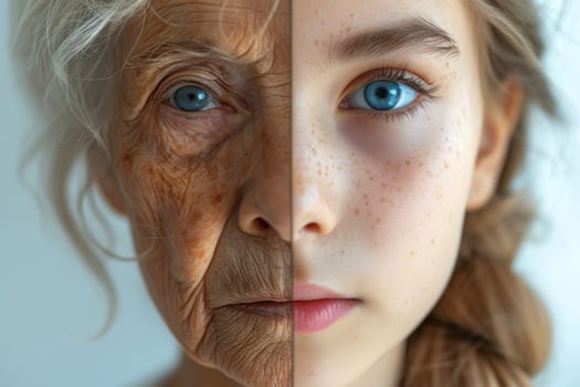 AI generated The face of a young girl and an elderly woman with wrinkles. The concept of aging and skin care photo
