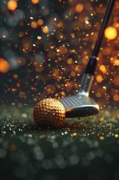AI generated Hitting a Golden golf ball lying on the lawn at sunset with a club is the ultimate victory of golf photo
