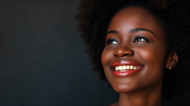 AI generated Close up portrait of beautiful african american woman smiling against black background. Black History Month concept. photo
