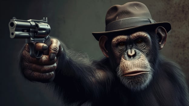 AI generated chimpanzee in a stylish hat brandishes a firearm confidently, Ai Generated photo