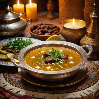 AI generated Harira - traditional Moroccan lamb soup on the Ramadan holiday table photo