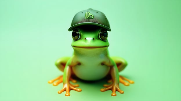 AI generated Cute little green frog wearing baseball hat isolated on green background, animals and wildlife template with copy space area, wallpaper, banner photo