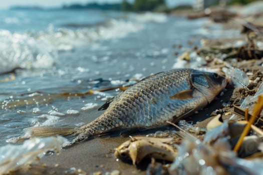 AI generated environmental impact industrial activity, Oil wastewater is spilling on beach, dead fishes on shore photo