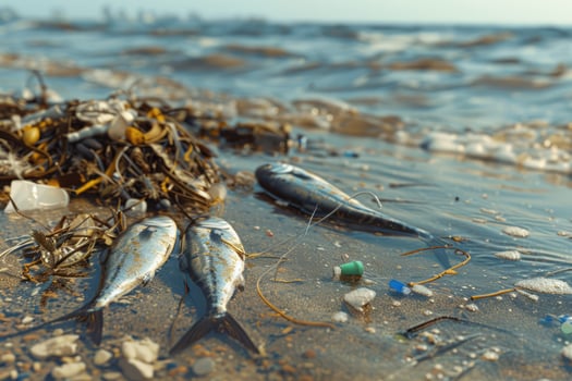 AI generated environmental impact industrial activity, Oil wastewater is spilling on beach, dead fishes on shore photo
