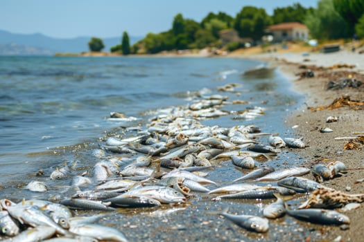 AI generated environmental impact industrial activity, Oil wastewater is spilling on beach, dead fishes on shore photo