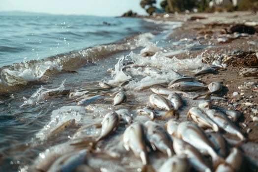 AI generated environmental impact industrial activity, Oil wastewater is spilling on beach, dead fishes on shore photo