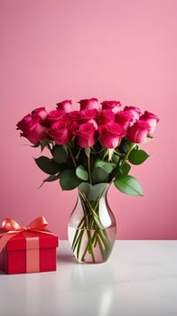 AI Generated flowers in vase, gift, pink background, vertical format photo