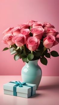 AI Generated pink roses in a vase and a blue gift box, pink background photo