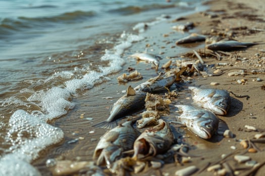 AI generated environmental impact industrial activity, Oil wastewater is spilling on beach, dead fishes on shore photo