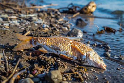 AI generated environmental impact industrial activity, Oil wastewater is spilling on beach, dead fishes on shore photo