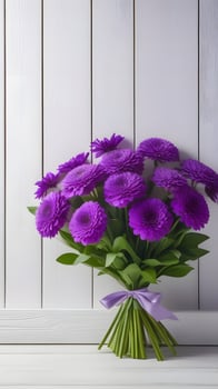 AI Generated Lavender flowers, bouquet, overhead on white wooden background photo