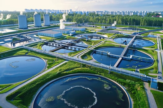 AI generated water treatment plant, Treatment facilities. Recycling. Waste processing water treatment plant photo