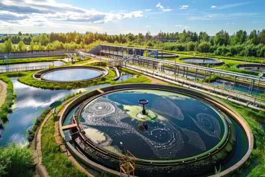 AI generated water treatment plant, Treatment facilities. Recycling. Waste processing water treatment plant photo