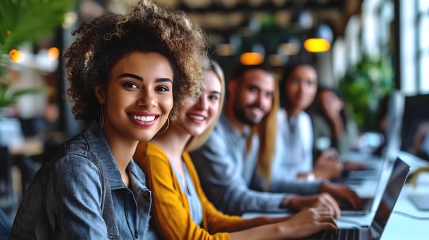 AI generated Group of diverse young business people sitting at office desk, smiling, using laptops, young confident professionals photo