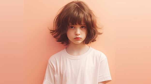 AI generated a sad little girl wearing white T-shirt on pastel peach background photo
