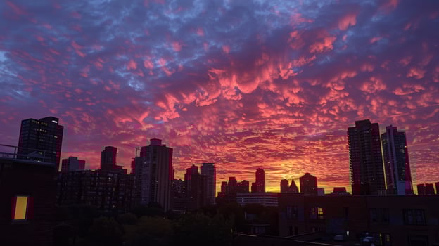 AI generated Dramatic sunset over the city skyline with skyscrapers. photo