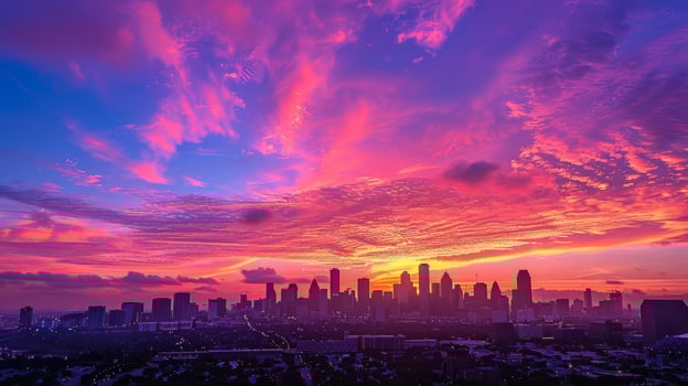 AI generated Dramatic sunset over the city with skyscrapers. photo
