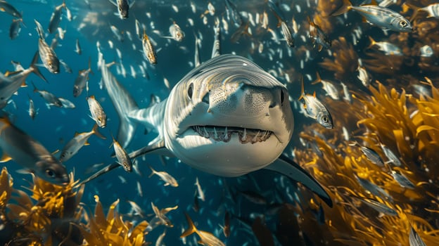 AI generated Great White Shark Swimming Through School of Fish photo