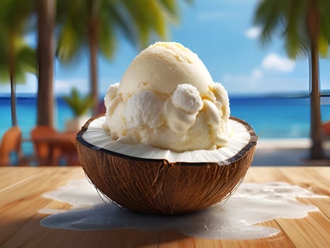 AI generated coconut ice cream on the beach photo