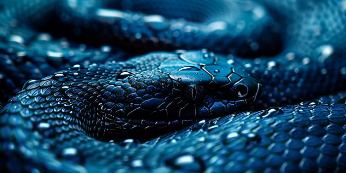 AI generated Close up image of a dark blue viper with water drops photo