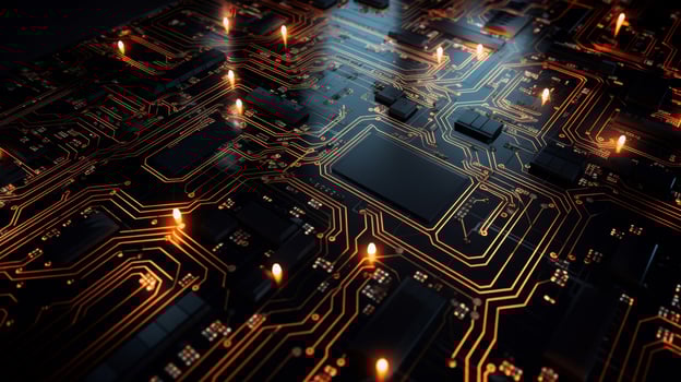 AI generated Illuminated circuit board patterns in dark photo