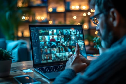 AI generated Man having Online Meeting on Laptop with blurry background photo
