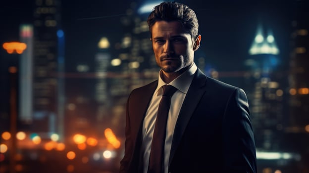 AI generated close up of Handsome businessman, City night view, photo