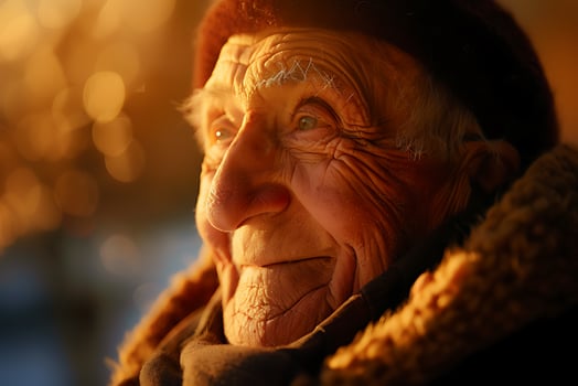 AI generated A captivating image of an elderly man lost in thought during the golden hour, his face telling a story of a life fully lived photo