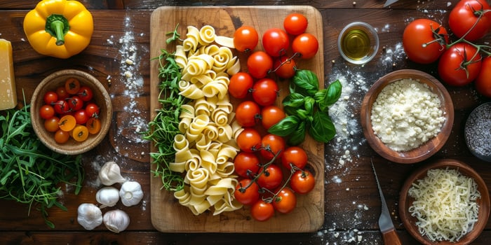 AI Generated Classic Pasta on kitchen background. Diet and food concept. photo