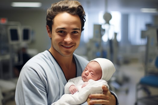 AI generated Happy Man with Newborn on a Maternity Hospital Background photo