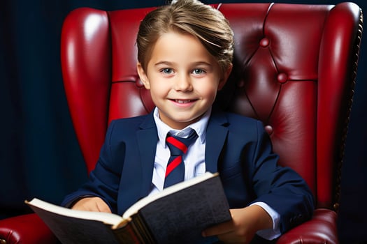 AI generated Young Boy Sitting on Red Chair Reading Book. photo