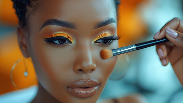 AI generated Beautiful african american woman applying make up on her face. photo