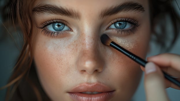 AI generated Close-up portrait of a beautiful young woman with makeup brush. photo