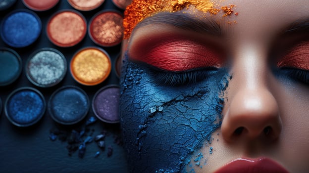 AI generated Close-up portrait of a beautiful young woman with bright make-up and eyeshadow palette. photo
