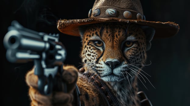 AI generated cheetah in a stylish hat brandishes a firearm confidently, Ai Generated photo