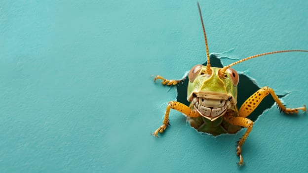AI generated A humorous grasshopper peers through a ripped hole in a contrast pastel color paper background, Ai Generated photo