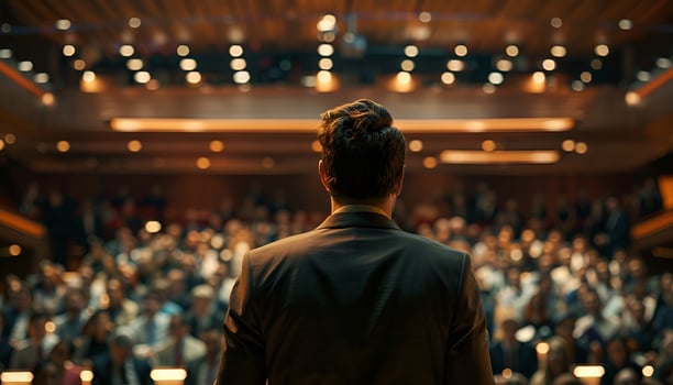 AI generated Speaker at business conference hall photo