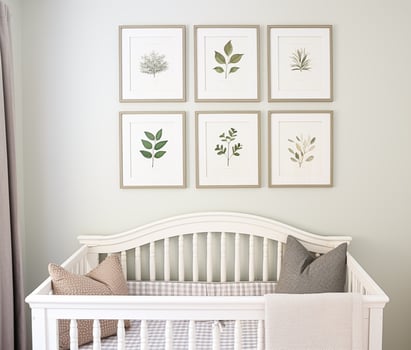 AI generated Nursery gallery wall, home decor and wall art, framed art in the English country cottage interior, room for diy printable artwork mockup and print shop photo