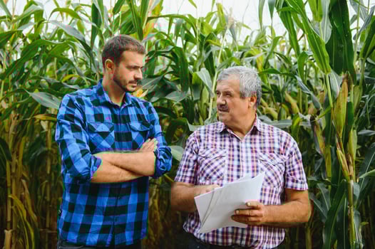 Family farming. Farmers father and son work in a corn field. Agriculture concept. photo