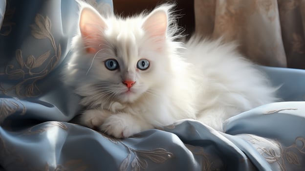 AI generated Charming White Kitten with Bright Blue Eyes Resting Gracefully photo